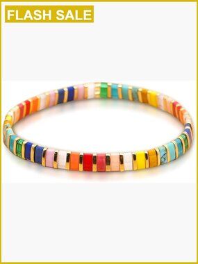 Flat Beaded Stretch Bracelets for Women Square Beads Handmade Stack Bracelet